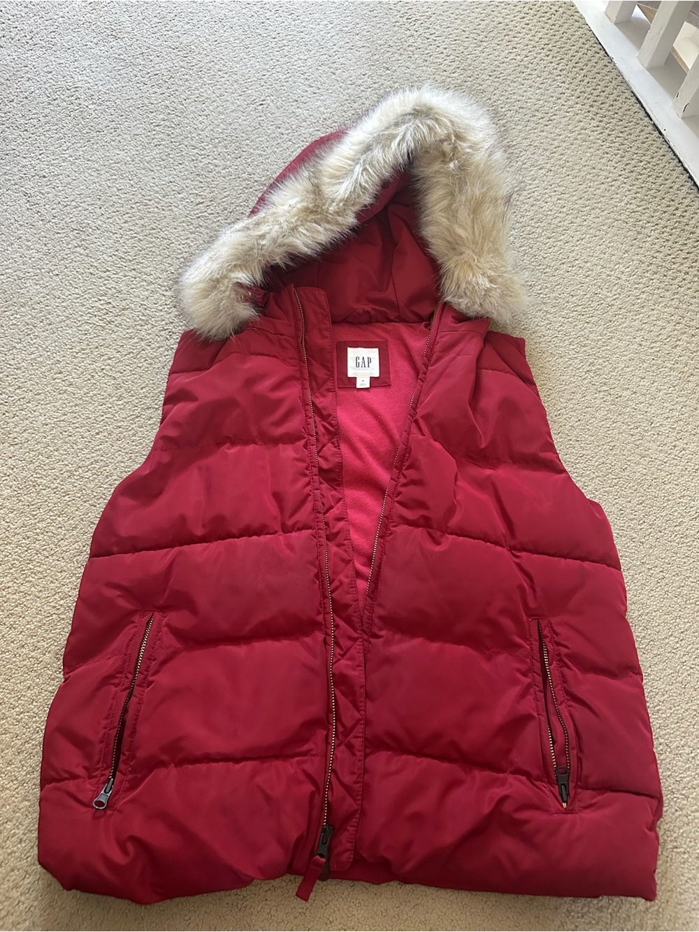GAP Red Puffer Vest with Faux-Fur Trimmed Hood